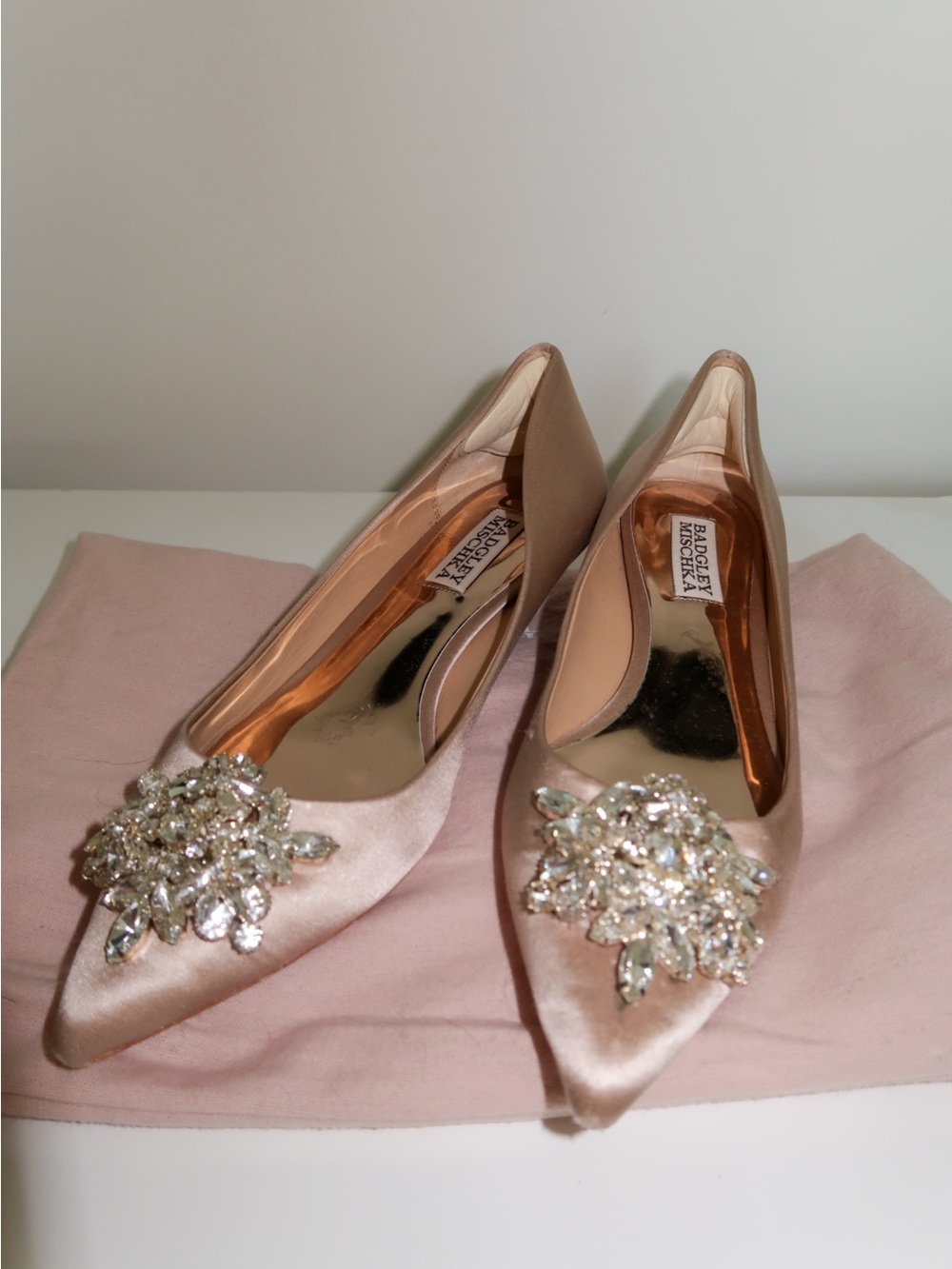 Badgley Mischka Blush Satin Pointed-Toe Flats with Crystal Brooch